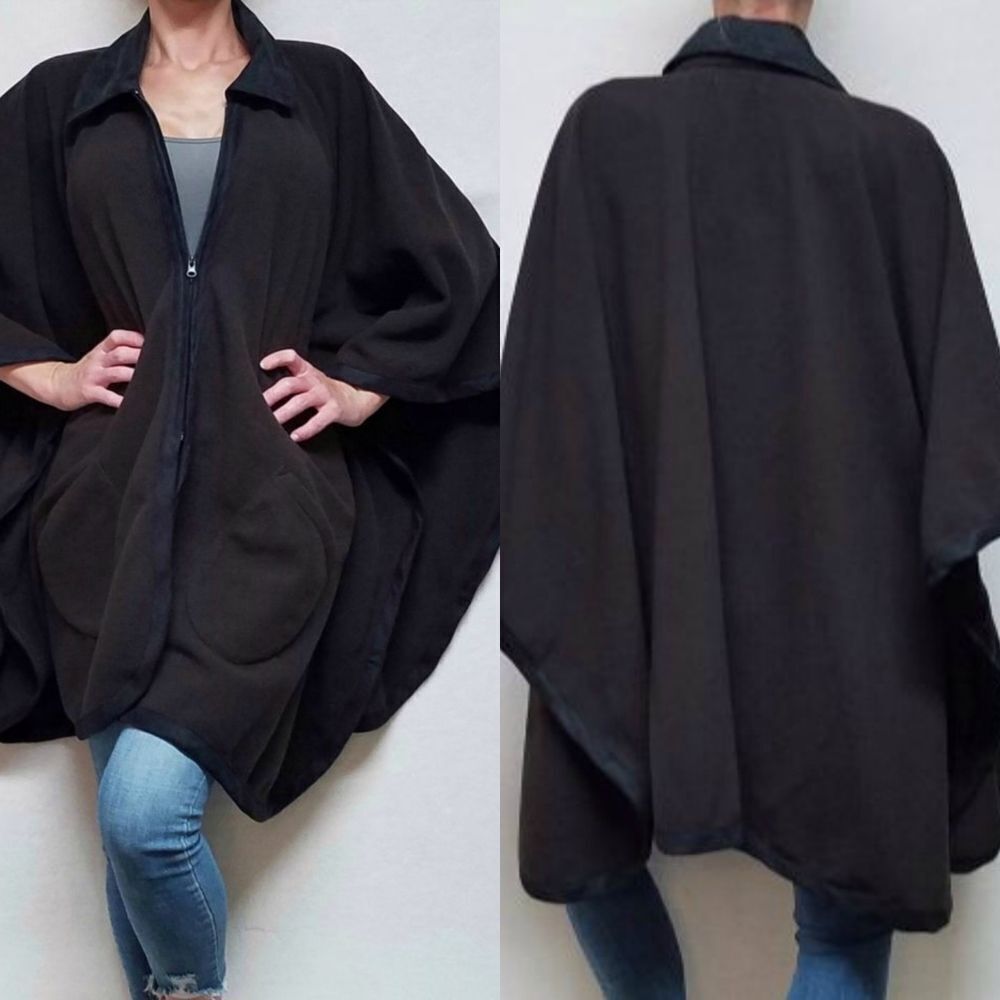 VINTAGE 80s Le Moda Brown Fleece Black Velvet Full Zip Cape Poncho Jacket OSFA